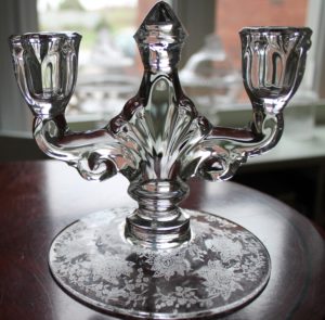 Heisey Trident Candleholder with Gardenia Etch (1)