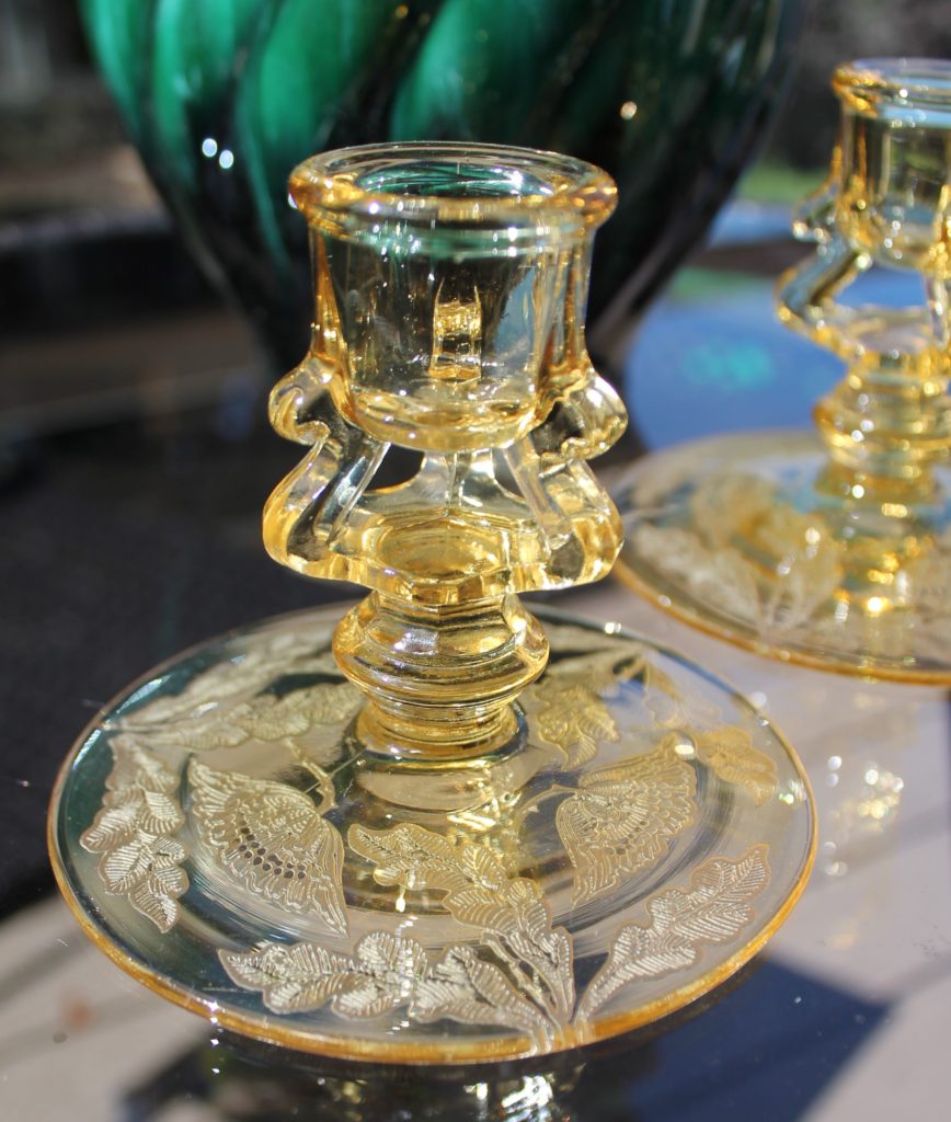 » Tiffin Glass Candle Holder with Juno Etch (2) Granny's Glasses